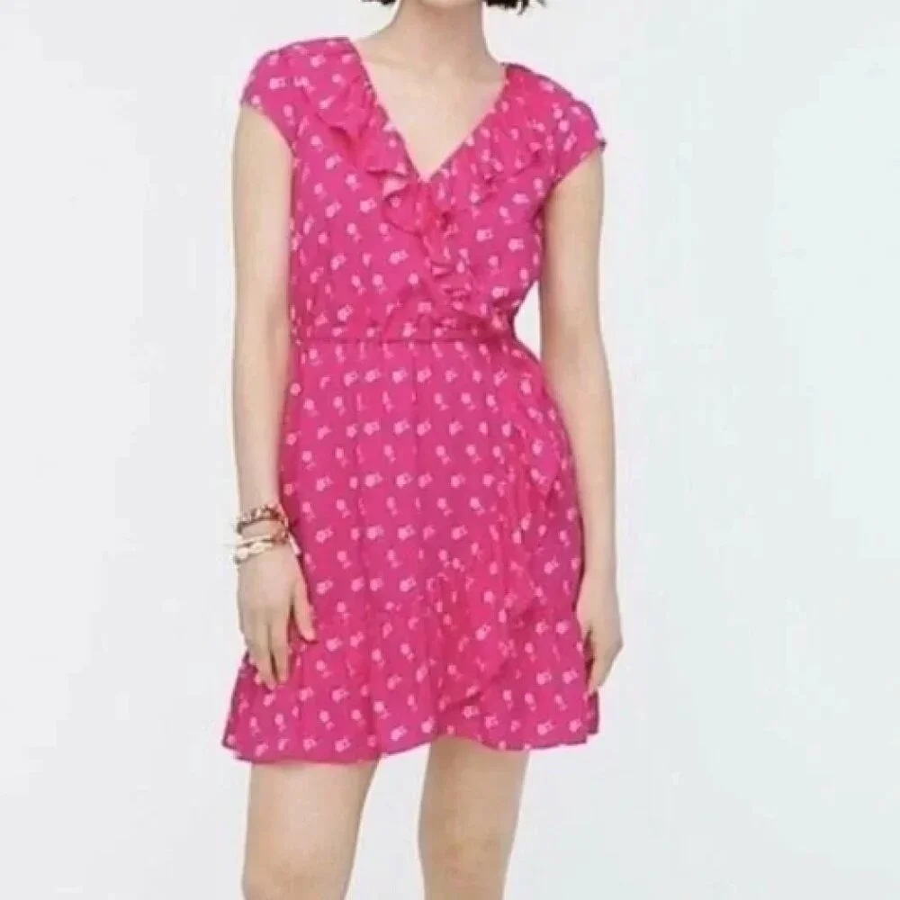 J. Crew Dress Size 2 Ruffle V Neck Mini Dress Pink White Floral Flirty Girly